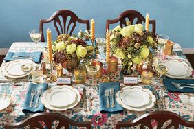 White and Gold China on Teal and Rose Table Cloth for Thanksgiving