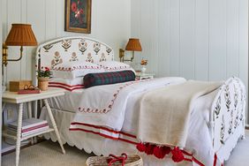 Mountain House Main Bedroom with Gray Walls and Red Accents