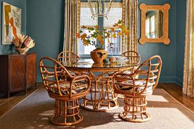 Blue Dining Room with rattan chairs 