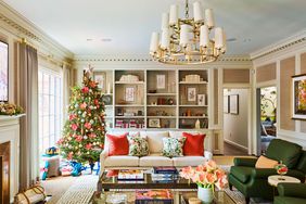 Bright jewel toned living room decorated for Christmas