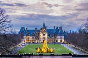 Elevated view of the Biltmore Home and front lawn during a cloudy evening