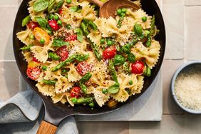 Southern Living Skillet Pasta Primavera in the pan ready to serve