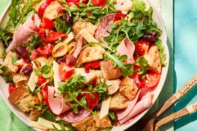 Southern Living Muffuletta Panzanella salad in a bowl to serve 