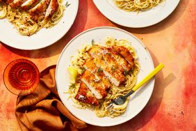 Southern Living Crispy Ranch Chicken on a plate to serve with spaghetti