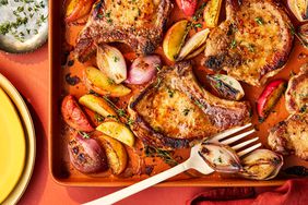 Southern Living Sheet Pan Pork Chops on the pan ready to serve 