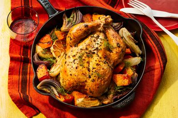 Southern Living Cast-Iron Roast Chicken in the pan ready to serve 