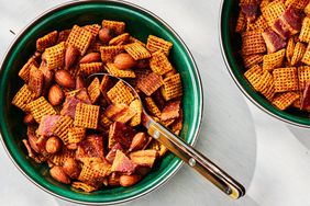 Southern Living Smoky Bacon Snack Mix in bowls to serve 