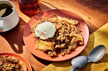 Southern Living Apple Crisp on a plate to serve with ice cream on top