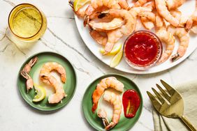 Southern Living Boiled Shrimp on a platter to serve with cocktail sauce