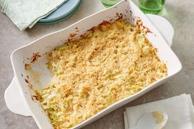 Southern Living Cabbage Casserole in the dish to serve with a serving scooped out