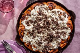 Southern Living Cookies and Cream Cinnamon Rolls in the skillet ready to serve