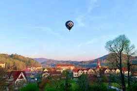 A hot air balloon over Helen, Georgia