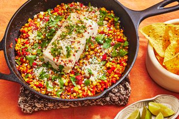 Southern LIving Elote Cream Cheese Spread in the pan ready to serve 