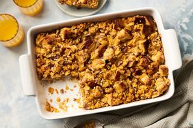 Southern Living French Toast Casserole in the pan with a serving out