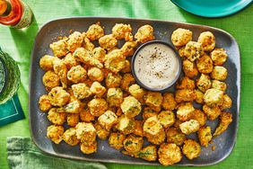 Southern Living Fried Okra on a platter to serve with ranch for dipping