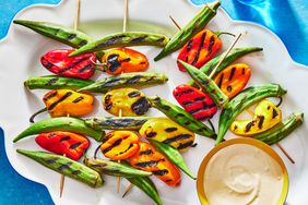 Grilled Okra-and-Pepper Skewers with Dijon Dipping Sauce on a platter