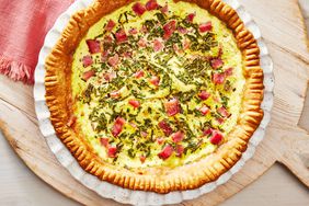 Southern Living Ham and Cheese Quiche in the pie plate ready to serve