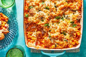 Southern Living Easy Baked Meatball Casserole in the dish to serve 