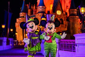 Mickey Mouse and Minnie Mouse outside Cinderella's Castle at Mickey's Not So Scary Halloween Party