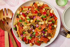 Pepperoni Pasta Salad in a white serving bowl - Southern Living