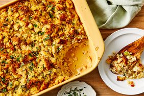 Southern Living Cornbread Dressing in the dish to serve