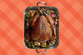 Fully cooked Thanksgiving turkey we recommend in a roasting pan on a checkerboard background